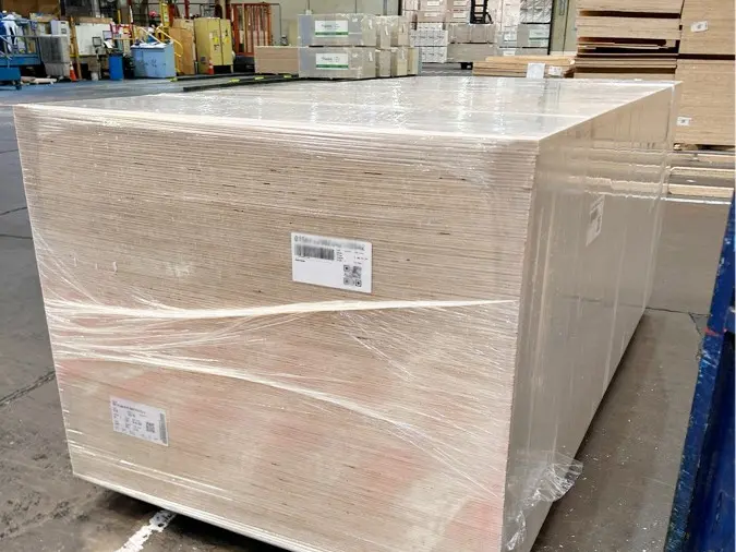 Plywood stack packaged with stretch film